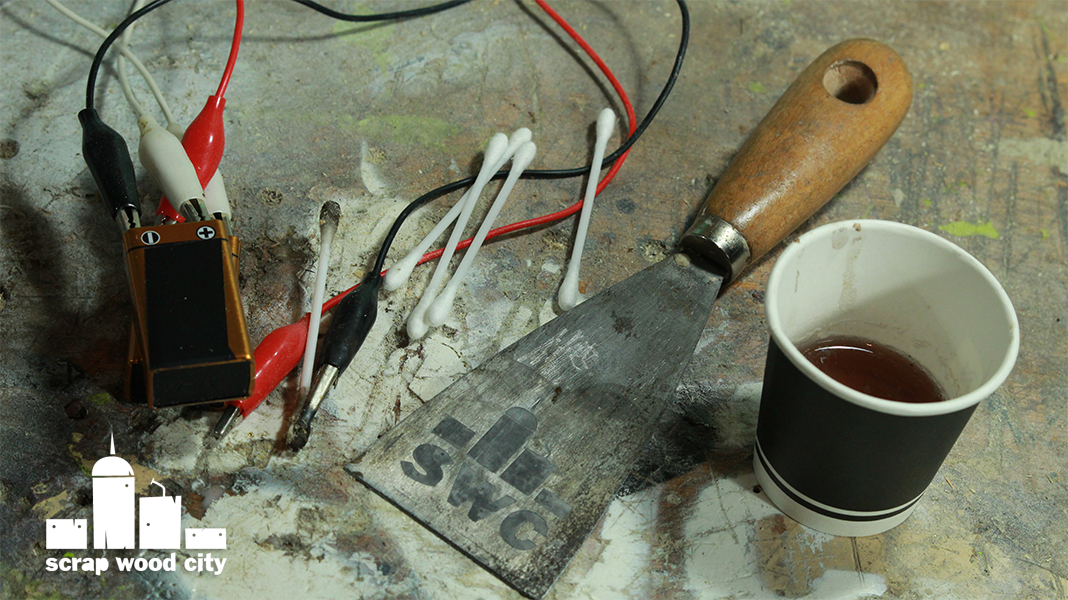 scrap wood city DIY electrolytic metal etching with 9V batteries
