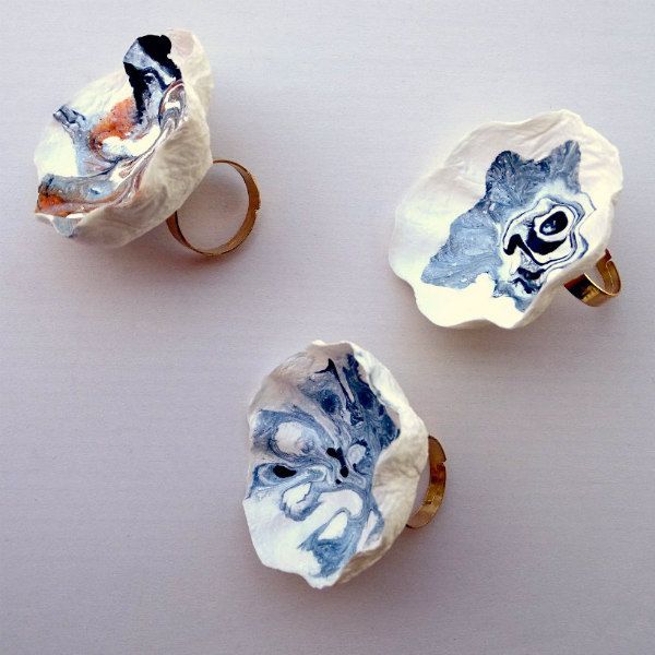 trio of blue and white marbled paper mache rings