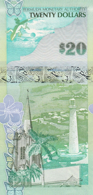 Bermuda money currency 20 Dollars banknote 2009 Gibbs Hill Lighthouse and St. Mark's Church