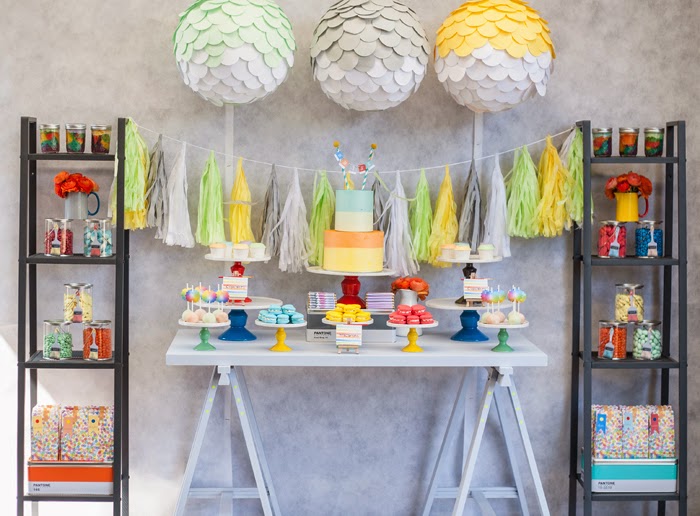 dessert table yellow, grey and mint and tassel garland