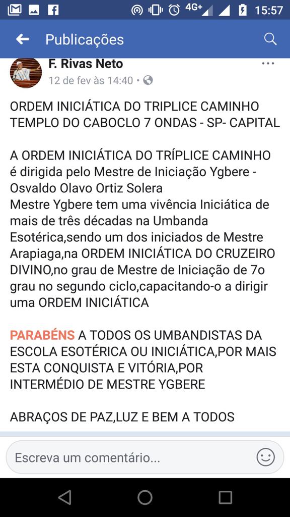 Mensagem do Mestre Arapiaga falando de Mestre Ygbere em fev/2018.