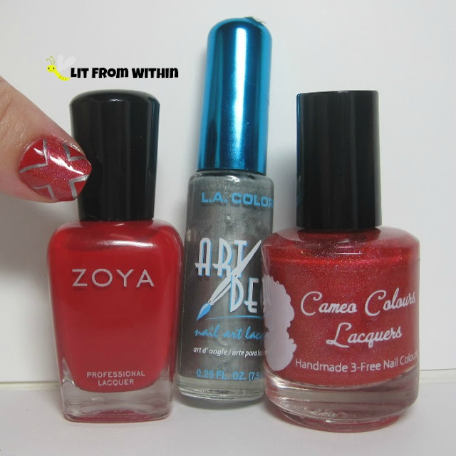 Bottle shot:  Cameo Colors Smoldering Tempress, silver nail art striper, and Zoya Sooki
