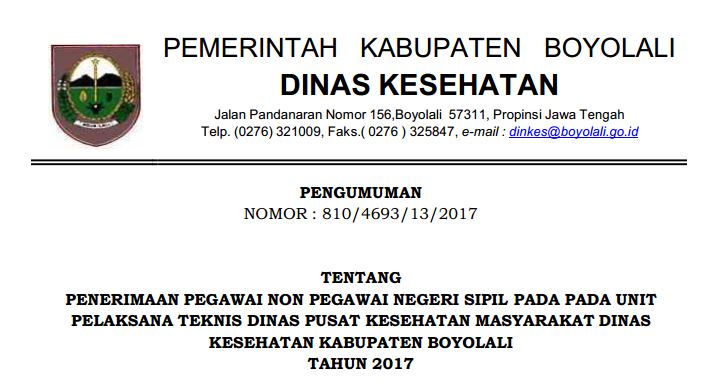 Penerimaan Pegawai Non Pns Dinas Kesehatan Kabupaten Boyolali Tahun 2017 Lowongan Kerja Dan Rekrutmen Bulan Juni 2021