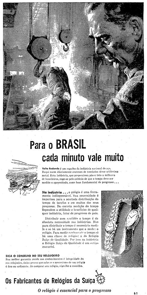 Propaganda veiculada nos anos 50 que defendia a importância da Companhia Siderúrgica Nacional para os Fabricantes de Relógio da Suíça