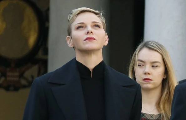 Prince Albert II of Monaco and Princess Charlene of Monaco, Princess Caroline of Hanover and Princess Alexandra observe a minute of silence on November 16, 2015 at the Monaco Palace in Monaco 