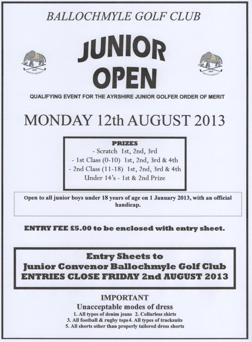 AYRSHIRE GOLF BALLOCHMYLE JUNIOR OPEN Entries invited