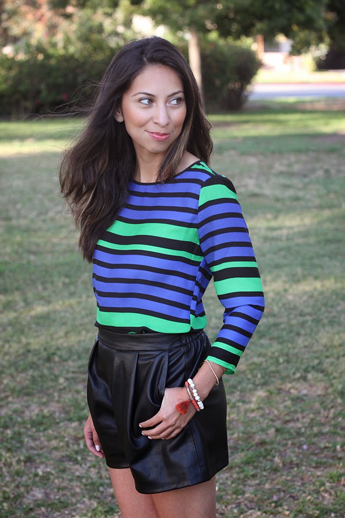 bold stripe blouse, faux leather shorts