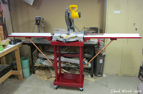 wood miter saw stand, folding arms, on wheels, woodshop