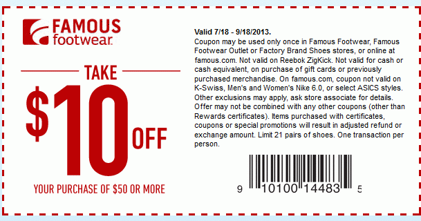 Performance Codes: In-Store Coupon Famousfootwear, Take $10 off your