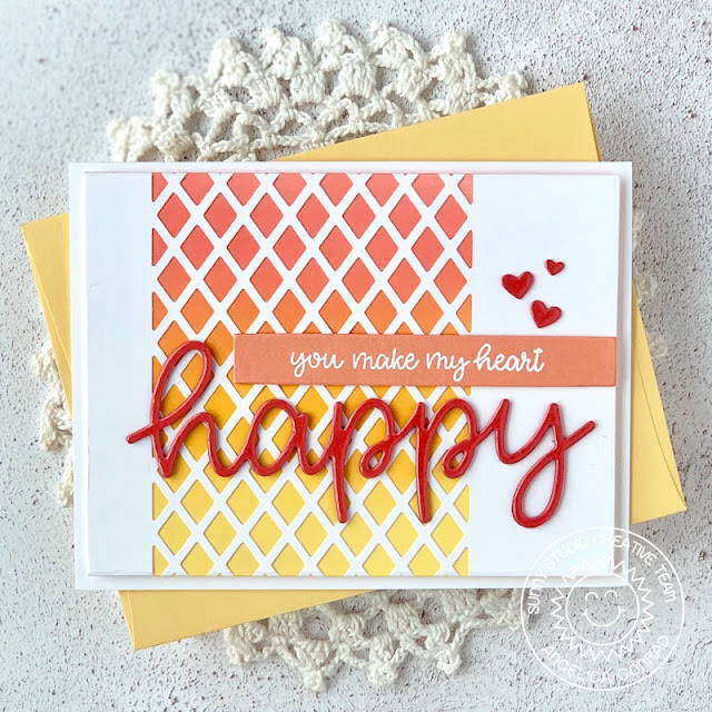 Sunny Studio Stamps: Frilly Frames Dies Happy Happy Thoughts Happy Word Die Happy Birthday Cards by Angelica Conrad