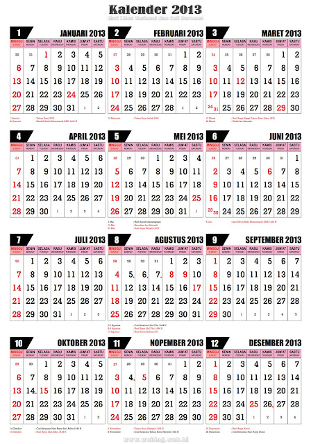 Kalender 2013 Beserta Hari Libur Nasional Indonesia dan Cuti Bersama