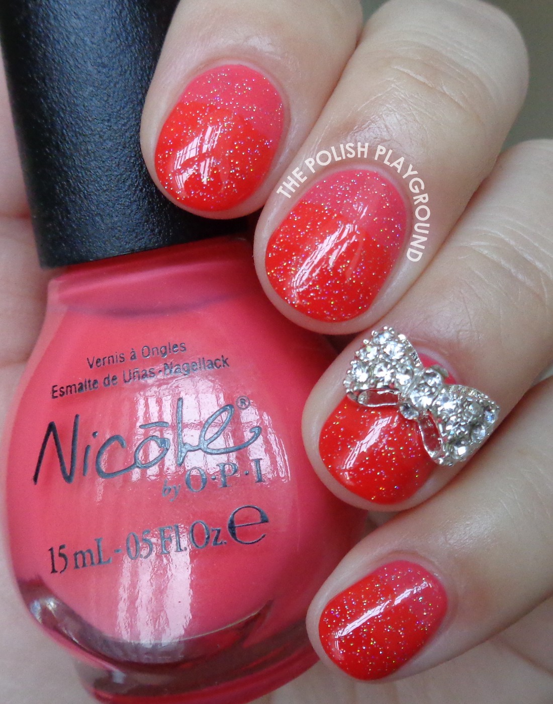 Monochromatic Pinky Red Stripe Gradient with Bow Stud Accent Nail Art