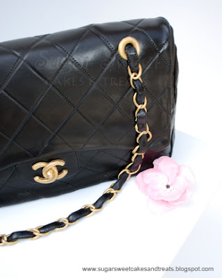 A closer look at the fondant details on chanel bag clasp an leather strap