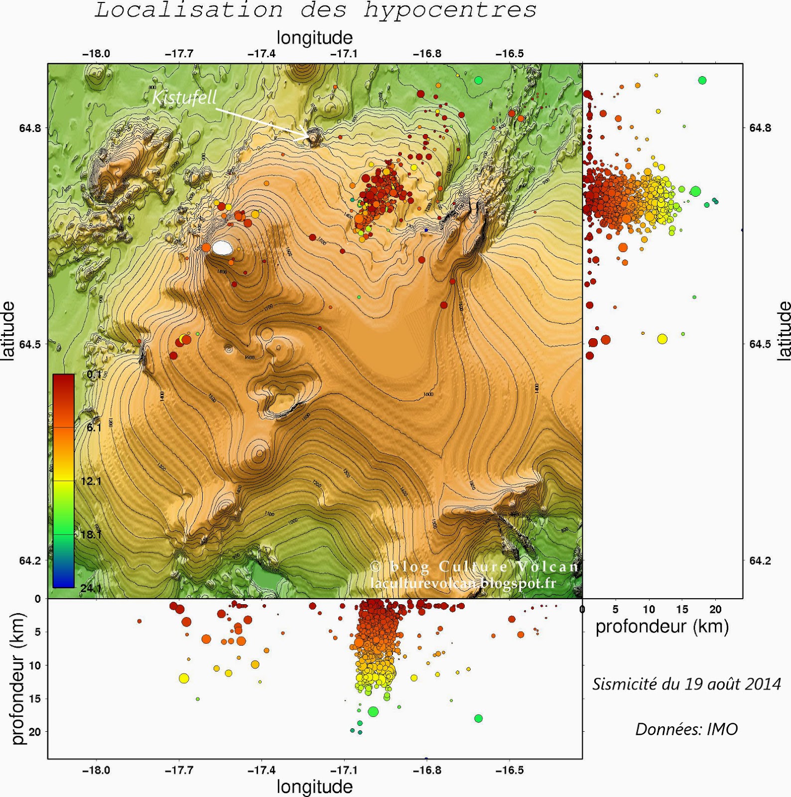 Répartition des seismes de la crise du volcan Bardarbunga (Bárðarbunga), 19 août 2014