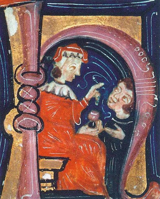 Respeitabilidade e veneração em todos os niveis sociais.  Oculista pinga colírio em paciente,  Biblioteca Municipal de Besançon, ms 475 folio 1.