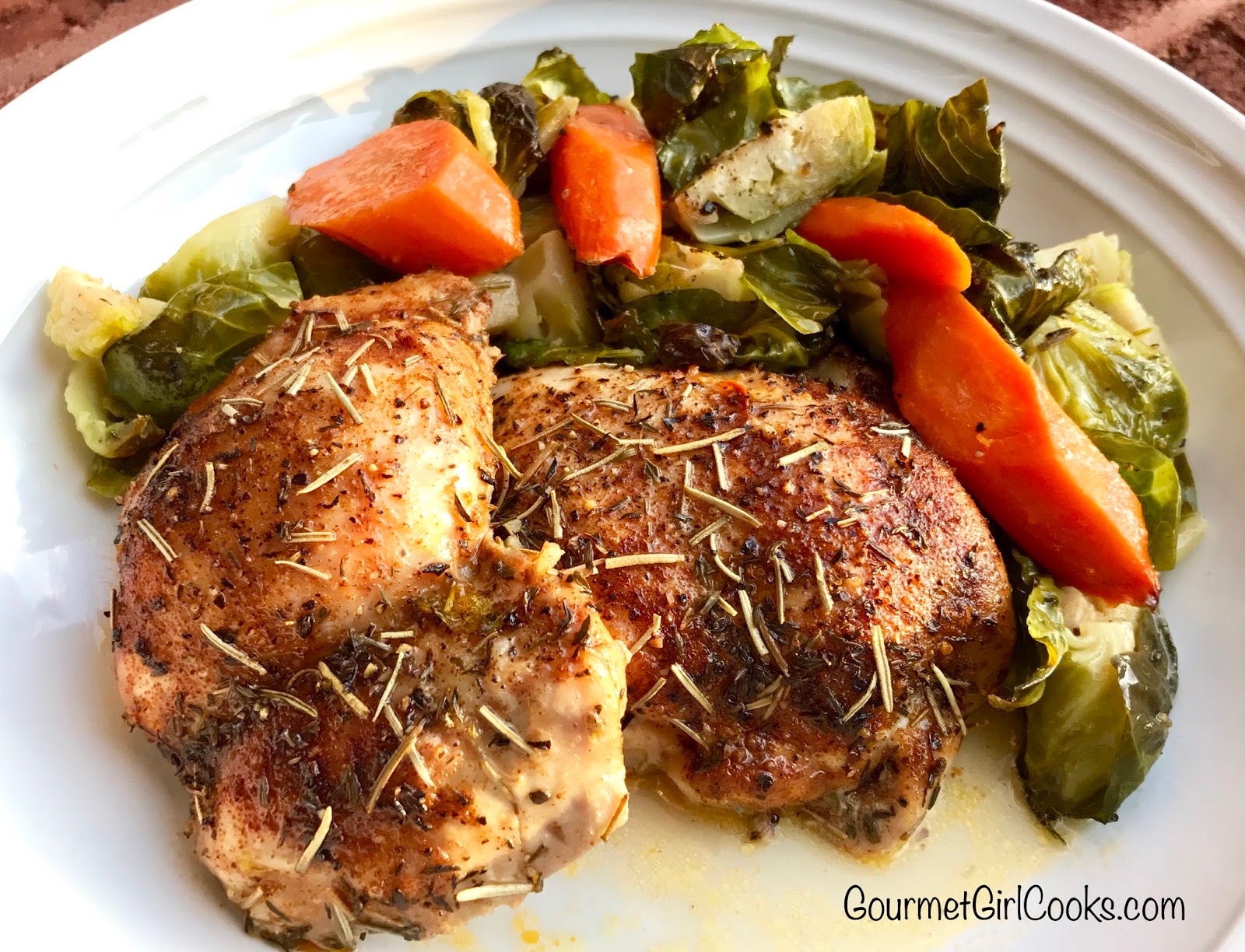 Gourmet Girl Cooks Roasting Pan Herbed Chicken Thighs & Sprouts One