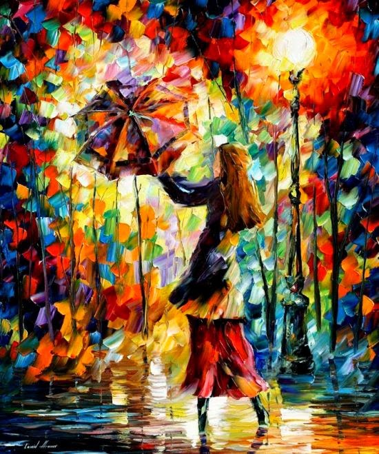 Leonid Afremov pinturas a óleo impressionista chuva outono noite cidade