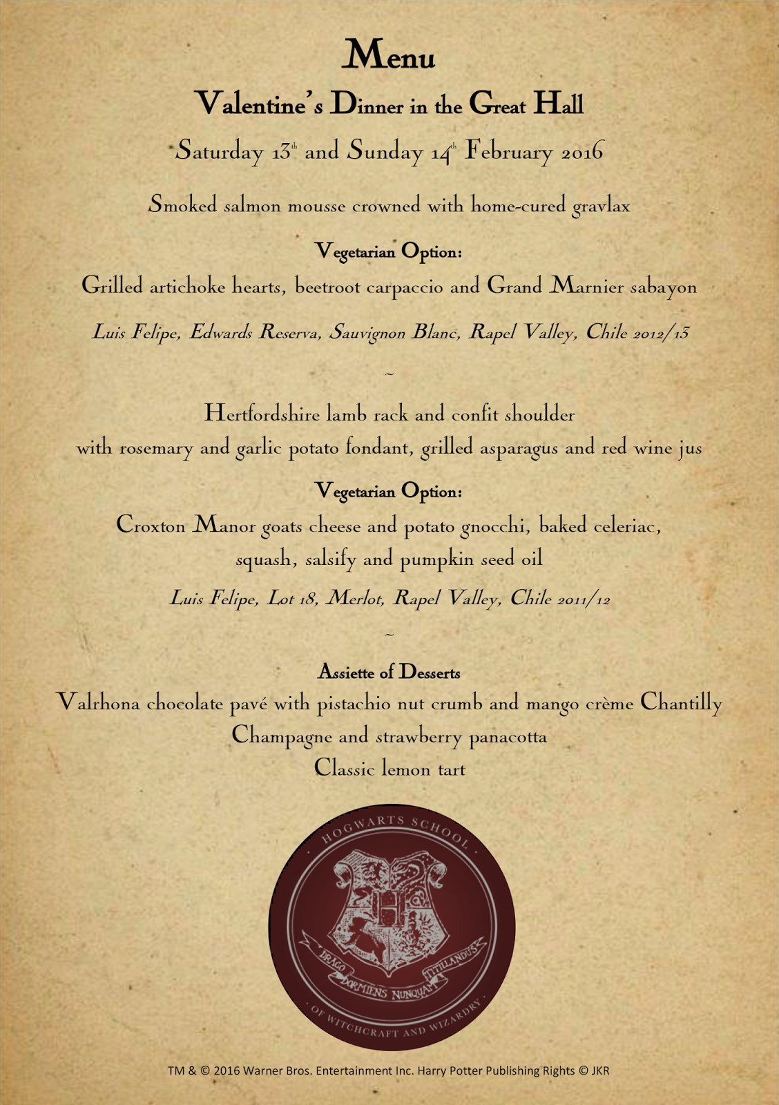 Menú de San Valentín en Hogwarts Cocine