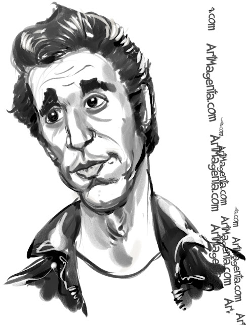 Henry Winkler caricature cartoon. Portrait drawing by caricaturist Artmagenta.