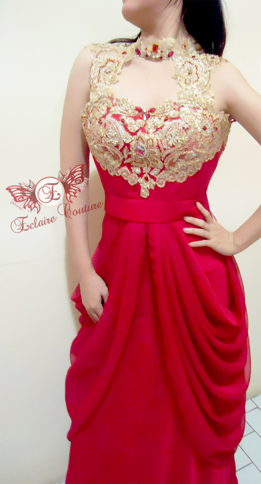 Eclaire Couture Red Dress with Gold Brocade (Novi's Engagement Dress)