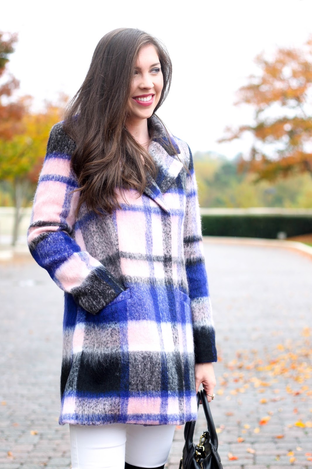 Plaid Coat by Elle at Kohls, fall trends, winter plaid coat with white denim, white denim in the fall, over the knee boots, OTK boots, forever 21 over the knee boots, forever21 OTK faux suede boots, pretty in the pines blog, shelby vanhoy