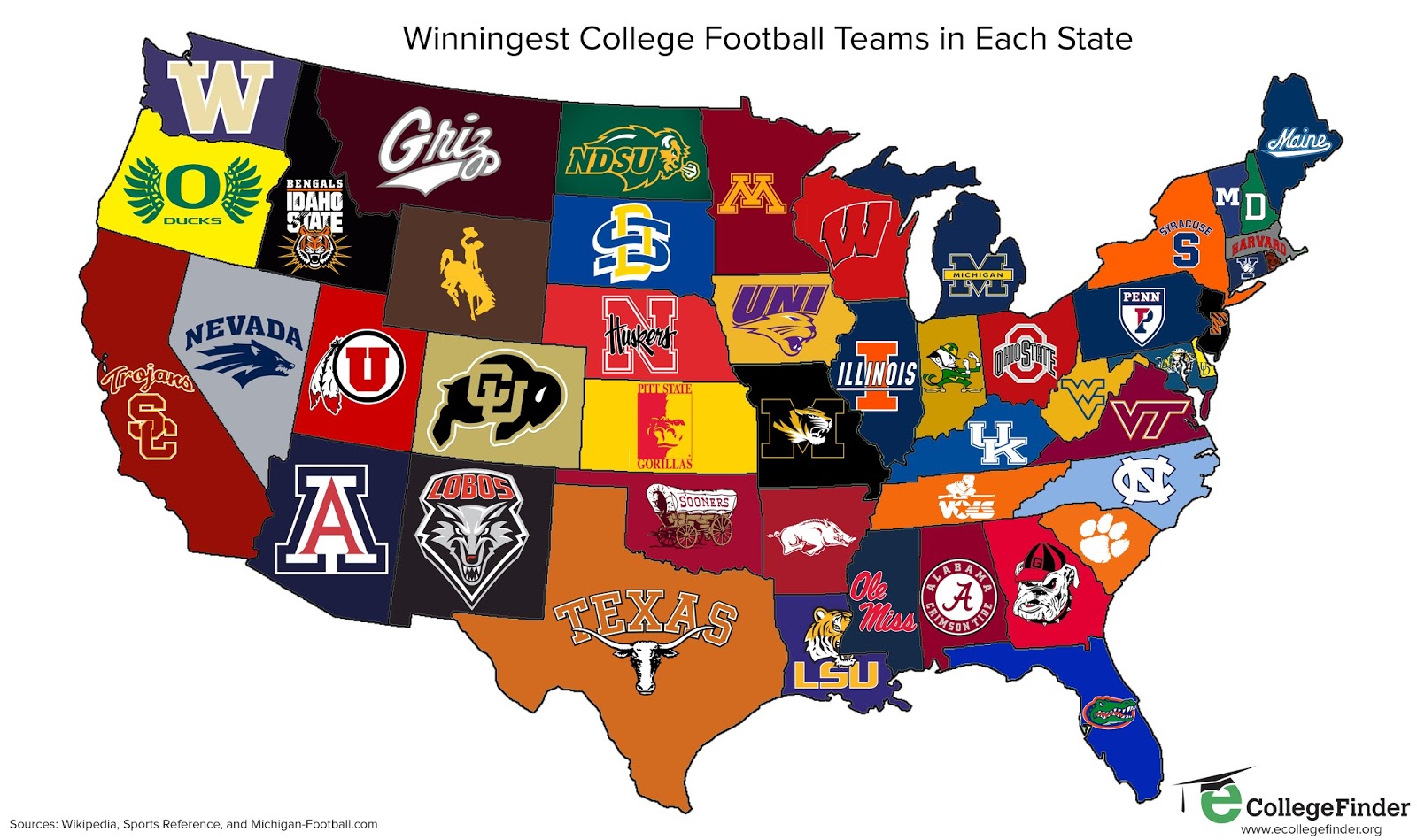 Map of winningest college football team in each U.S. state : r/MapPorn