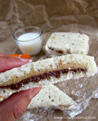 Peanut butter and nutella sandwich cake sideways shot