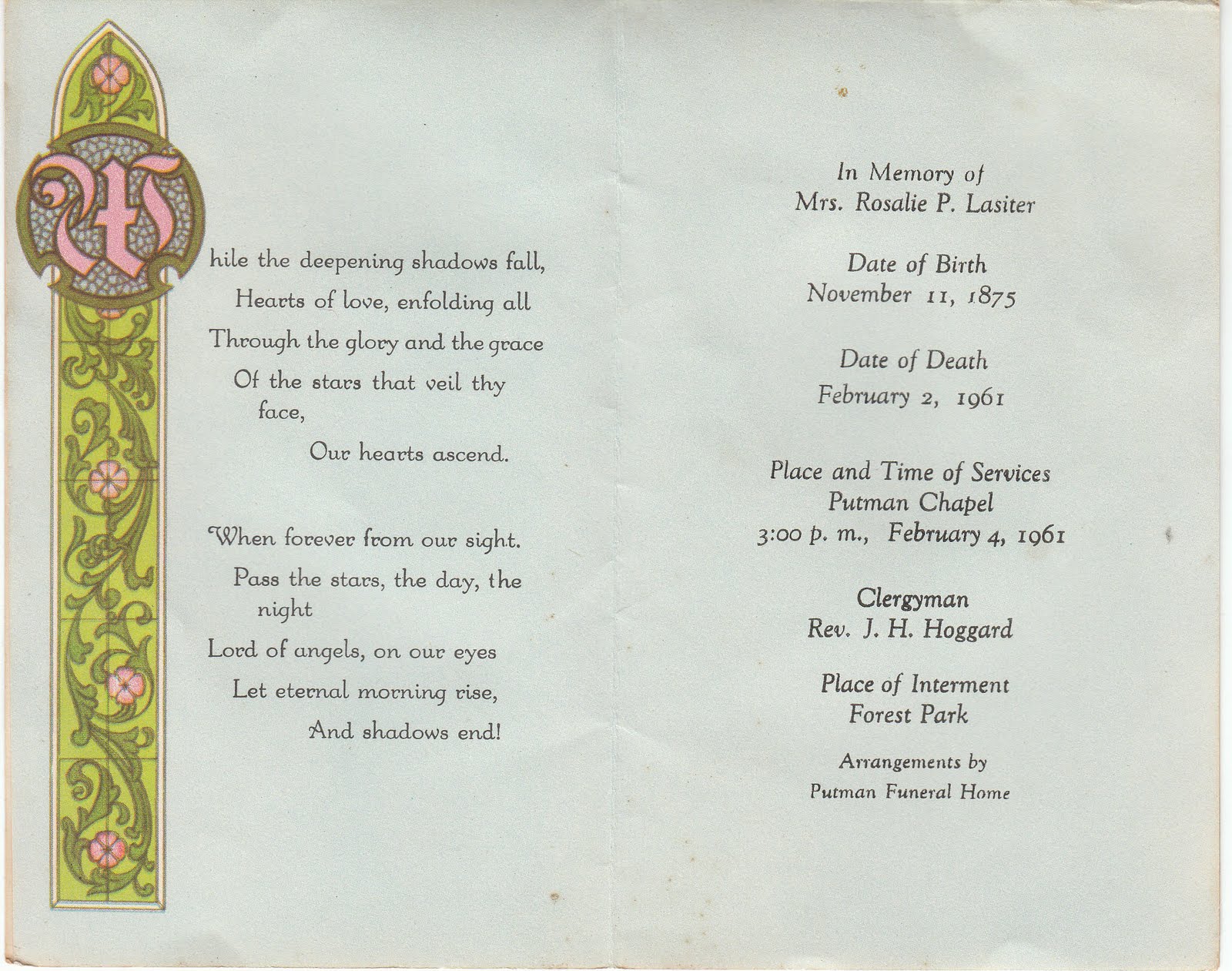 Welcome to Genealogy By Ginger!: Funeral Card Friday: Rosalie Putman
