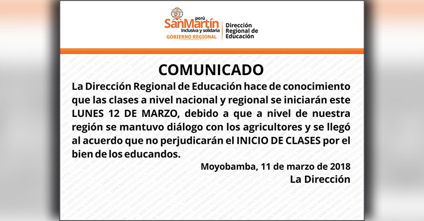 COMUNICADO DRE San Martín: Clases Escolares se inician indefectiblemente el Lunes 12 de Marzo en toda la región - www.dresanmartin.gob.pe COMUNICADO DRE San Martín: Clases Escolares se inician indefectiblemente el Lunes 12 de Marzo en toda la región - www.dresanmartin.gob.pe