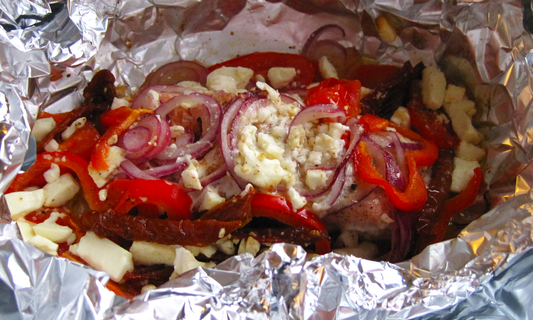 Foil Baked Salmon with Peppers Tomatoes and Feta