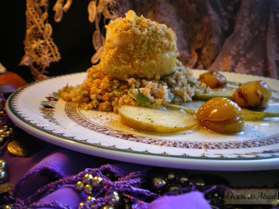 Bacalao almendrado sobre taboule de bulgur