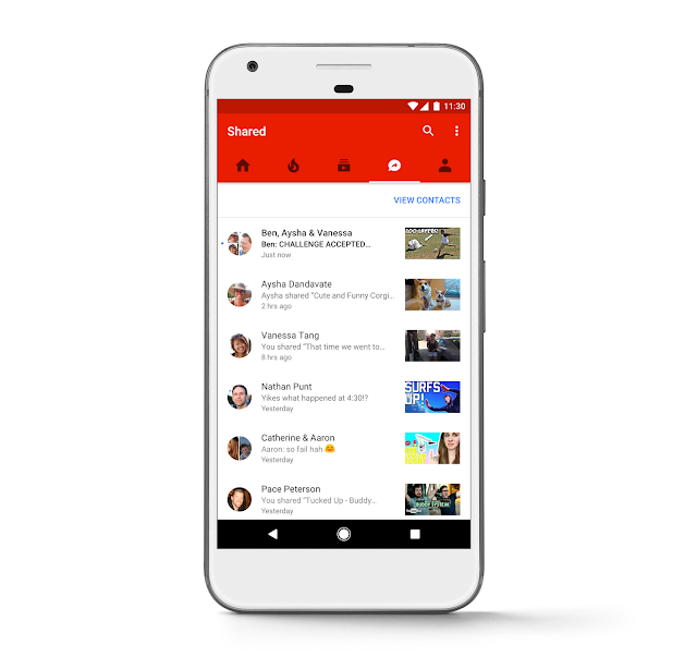 New sharing feature on your YouTube mobile app Shared videos all live in your Shared tab, making it easier than ever to catch up on videos your friends have shared or to show them a few of your own favourites. The new feature will be available in both Android and iOS.