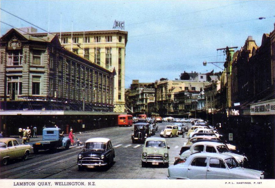 transpress nz cars on Lambton Quay, Wellington, late 1950s