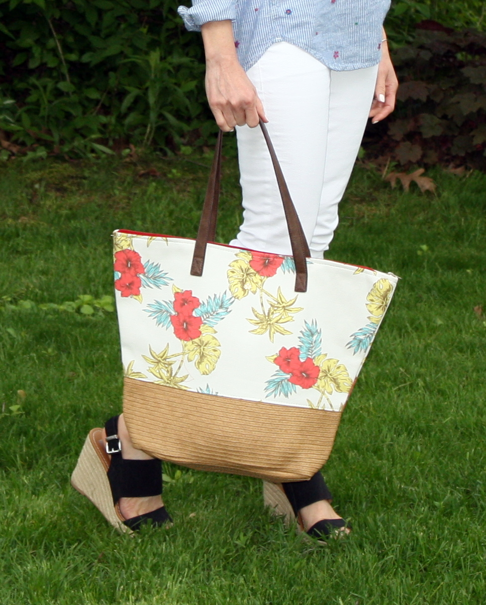 floral and straw tote bag