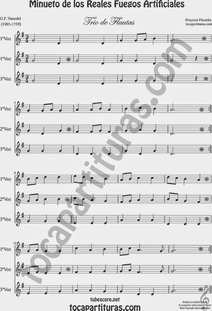 Minueto de los Reales Fuegos Artificiales Partitura de Flauta Travesera, flauta dulce y flauta de pico Trío de Flautas by G.F. Haendel Sheet Music for Flute and Recorder Music Scores 