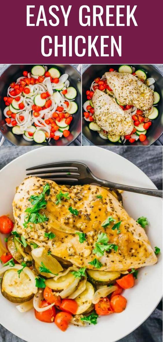 Juicy and tender roasted Greek chicken! Chicken breasts are marinated with olive oil, lemon juice, and spices, and then oven baked with vegetables. The marinade is easy to make, and it's a one pan dinner with minimal prep work. The juices leftover from baking are reduced to a flavorful sauce. It's also healthy, keto, low carb, and paleo. #healthy #healthyrecipes #lowcarb #keto #ketorecipes #paleo #dinner #easydinner #chicken