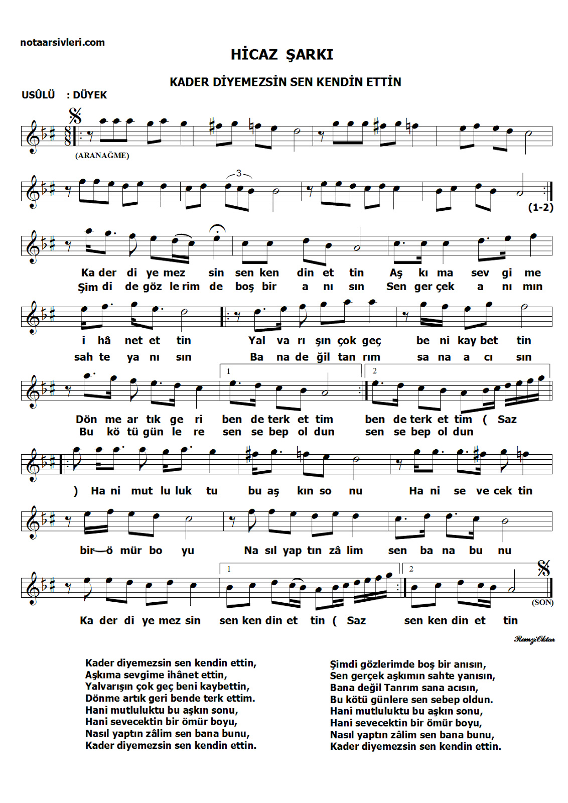 Müzik Kader Diyemezsin Şarkı Notası