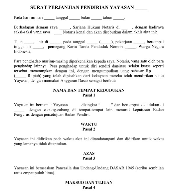 Contoh Surat Perjanjian Pendirian Yayasan Yang Resmi Baik Dan