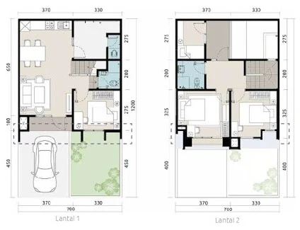 Denah rumah minimalis ukuran 7x12 meter 4 kamar tidur 2 lantai