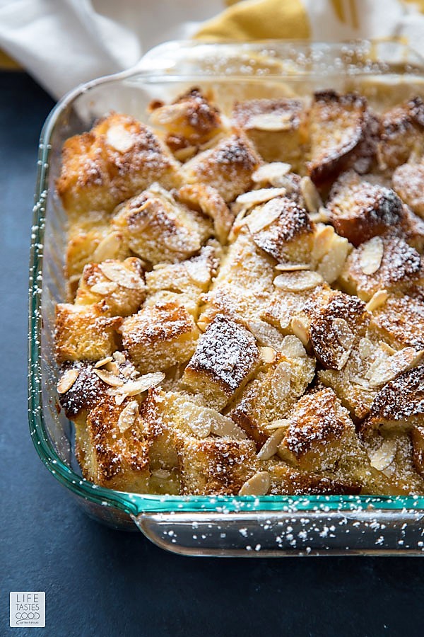 Overnight French Toast Casserole in a glass baking dish fresh out of the oven and ready to serve