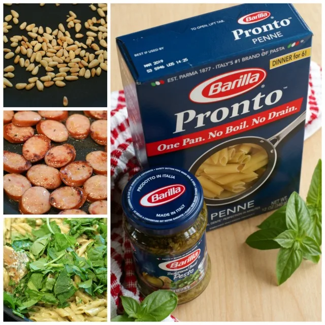 One Pan Sausage and Creamy Pesto Pasta from The Two Bite Club is a cheesy, hearty, family-friendly dinner that is on the table in just 20 minutes and cooks in just one pan! #OnePanPronto @walmart #ad