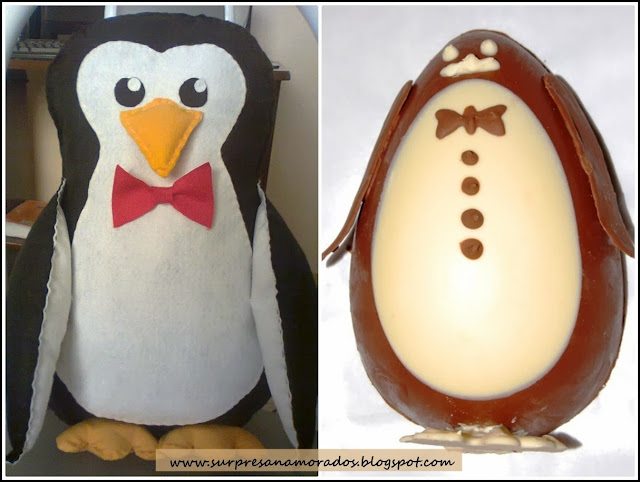 pinguim de feltro e ovo de pascoa de chocolate em forma de pinguim