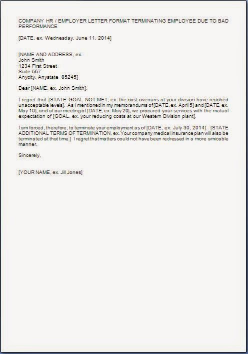Sample Termination Letter To Employee For Poor Performance