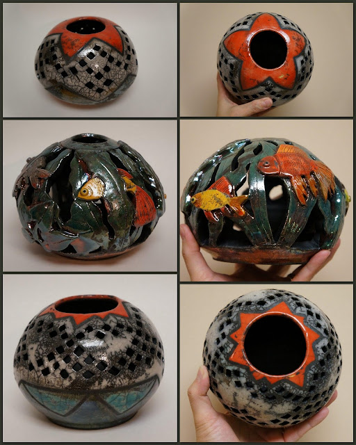 Beautiful wheel thrown then carved or pierced raku fired pottery by Lily L.