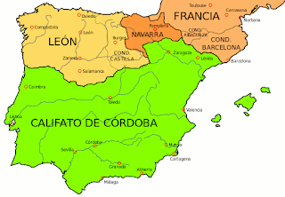 A map of the Iberian Peninsula, this time with roughly the bottom two thirds labelled as the Califato de Córdoba, a large chunk in the northwest labelled as León, a smaller section in the north central region labelled as Navarra, and the northeast from what is today Barcelona northward labelled as Francia.
