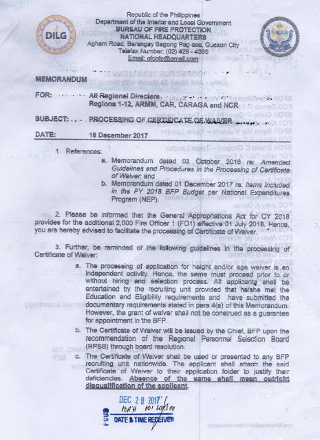 Latest Height Or Age Waiver Guidelines For BFP Applicants Processing