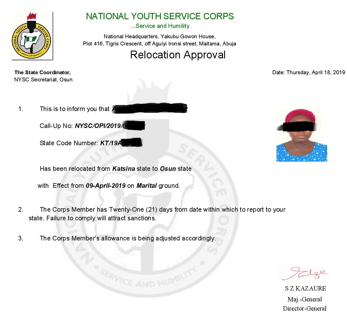 This is an example of NYSC relocation letter