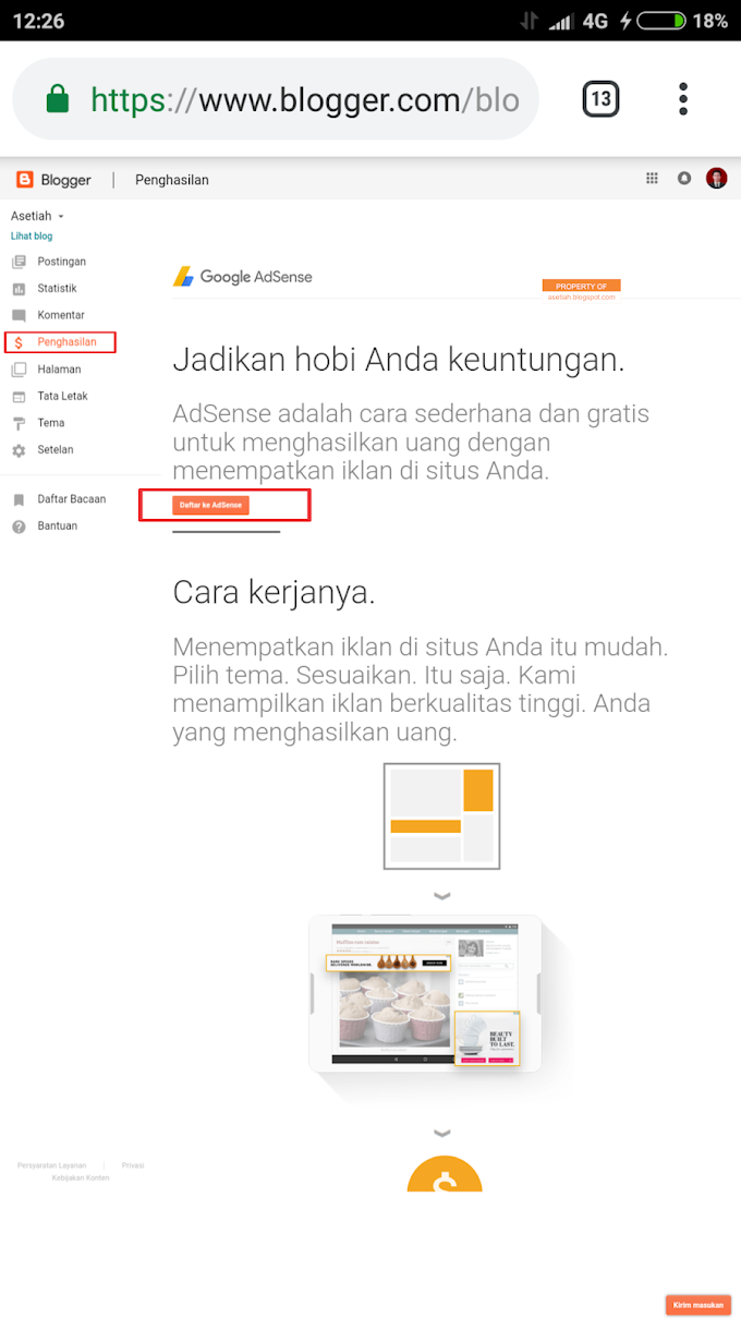 Cara Mendaftar akun Google AdSense lewat Dashboard Blog