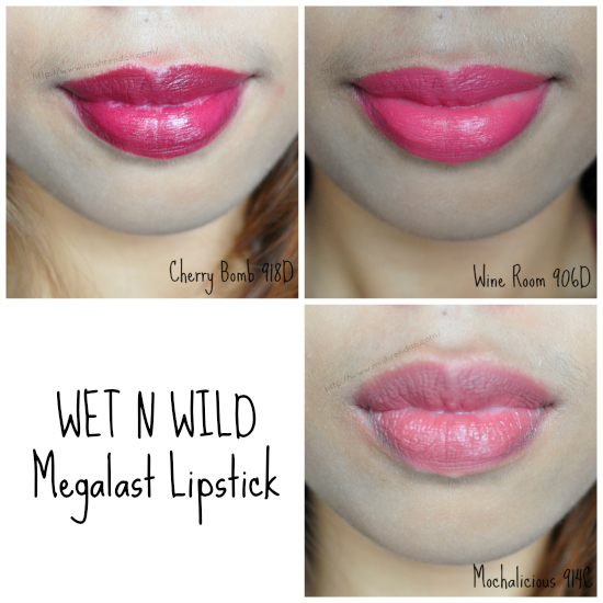 Wet and Wild Megalast Lip Color Review and Swatches Cherry Bomb Wine Room Mochalicious