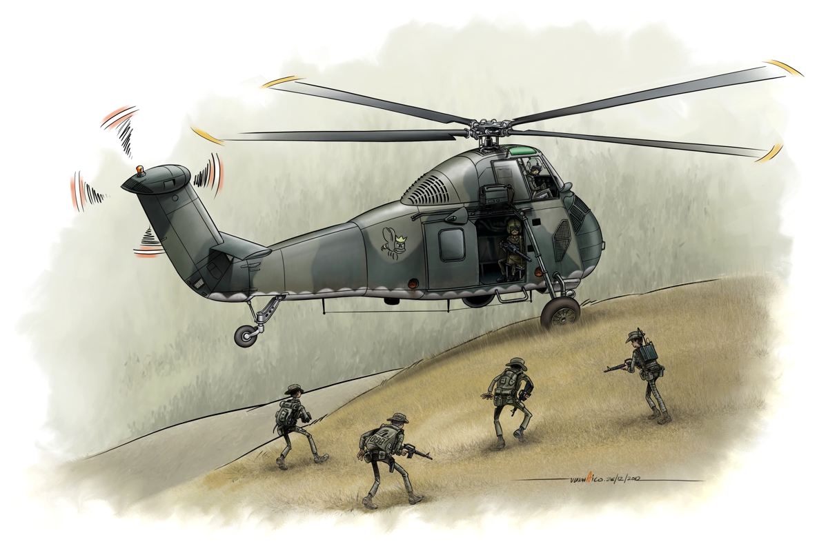 VNAF Kingbee 219 H34 Choctaw picking up Special Force cartoon.